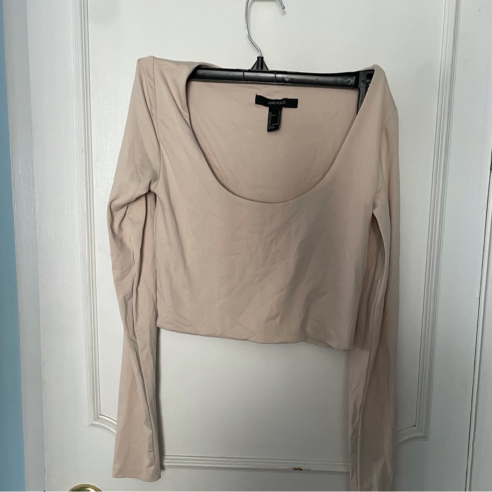 Forever 21 womens small crop long sleeve beige nude top silky soft sexy cute